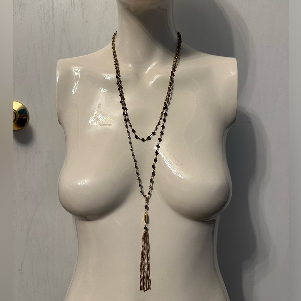 Stella & Dot Gold Gitane Tassel Necklace with Gold, Bronze & Silver Beads